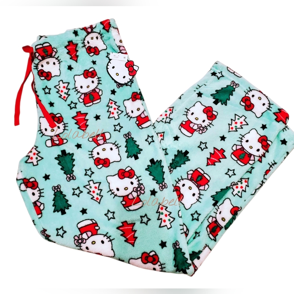 Hello Kitty Christmas Pajama Pants, Mint Green Fluffy Soft Fleece